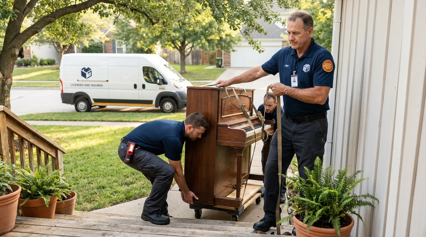 Licensed piano movers securing grand piano in Pine Plains, NY