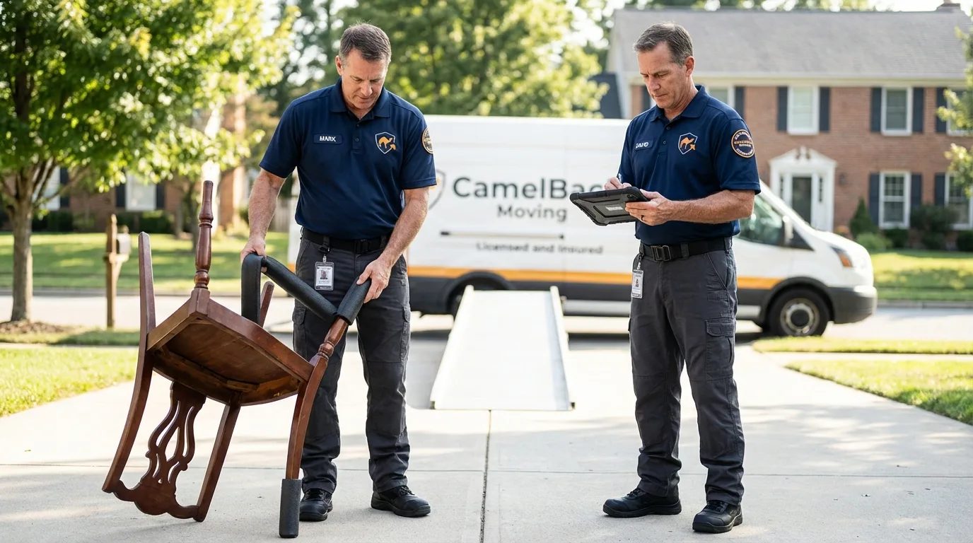 Movers inspecting furniture for damage prevention before loading in Pine Plains, NY