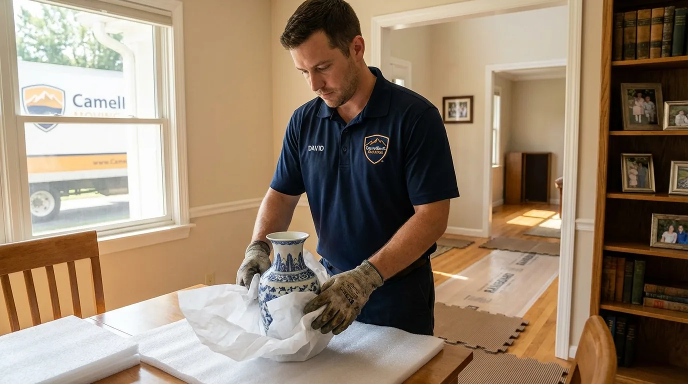 Professional crew carefully wrapping antique vase for senior downsizing move in Pine Plains, NY
